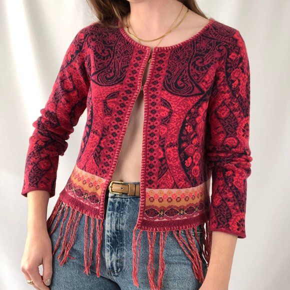 Vintage Sweaters - Stunning Vintage Cooi Knit Nordic Fringe Cropped Boho Cardigan Sweater Bohemian